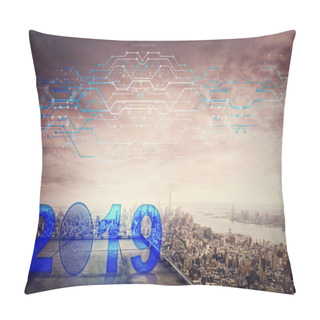 Personality  Blue 2019 Icon Hologram On The Rooftop Of A Skyscraper Over The Big City Sunset Horizon, Double Exposure Effect. Unlock The New Year And Start Business. Modern Technology Concept. Pillow Covers