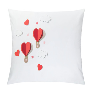 Personality  Top View Of Paper Heart Shaped Air Balloons In Clouds On White Background Pillow Covers