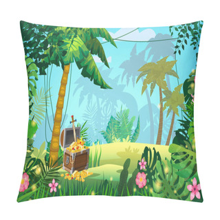 Personality  Treasure Pirate Chest Full Of Gold Coins Gems Crown Sword. Jungle Tropical Island Forest Palms Different Exotic Plants Leaves, Flowers, Lianas, Flora, Rainforest Landscape Background. For Design Game Pillow Covers