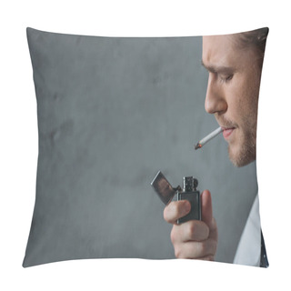 Personality  Close-up Portrait Of Man Smoking Cigarette In Front Of Concrete Wall Pillow Covers
