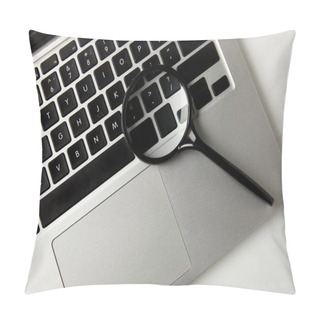 Personality  Top View Of Magnifying Glass And Laptop On Grey Pillow Covers