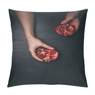 Personality  Partial View Of Woman Holding Garnets Halves In Hands On Black Surface Pillow Covers