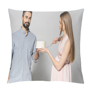Personality  Stylish Pregnant Woman In Dress Cutting Cake Near Smiling Husband During Baby Shower Party And Celebration On Grey Background, Expecting Parents Concept, Gender Party  Pillow Covers