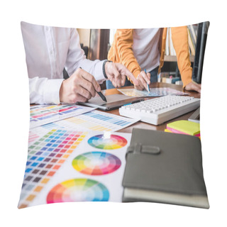 Personality  Two Colleagues Creative Graphic Designer Working On Color Select Pillow Covers