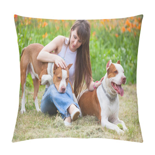 Personality  Charming Lady Posing With Dogs Outdoors. Pillow Covers