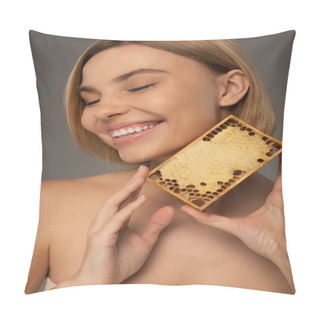 Personality  Happy Woman With Closed Eyes Holding Wooden Frame With Sweet Honey Isolated On Grey  Pillow Covers