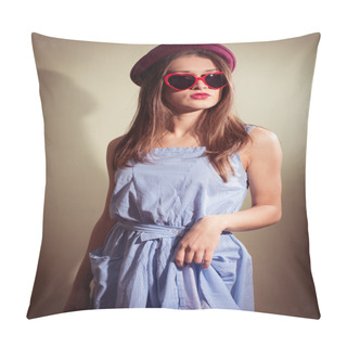 Personality  Portrait Of Sexy Girl With Glasses In The Shape Of Hearts And Blue Dress Pillow Covers