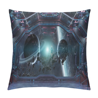 Personality  Grunge Spaceship Blue And Pink Interior With View On Distant Planets System 3D Rendering Elements Of This Image Furnished By NASA Pillow Covers