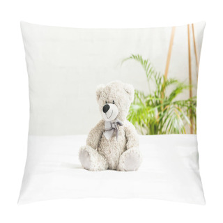 Personality  Grey Teddy Bear Near Plant With Green Leaves At Home  Pillow Covers