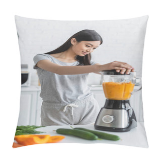 Personality  Young Asian Woman Preparing Fresh Smoothie In Blender Near Blurred Vegetables On Table Pillow Covers