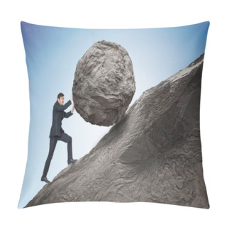 Personality  Sisyphus Metaphore. Young Businessman Pushing Heavy Stone Boulde Pillow Covers