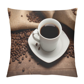 Personality  Cup Of Coffee And Beans On Jute Background Pillow Covers