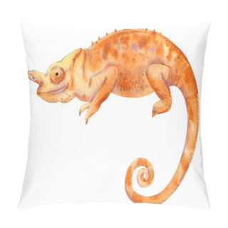 Personality  Watercolor Painting Of Chameleon Isolated On White Background. Original Stock Illustration Of Lizard. Pillow Covers