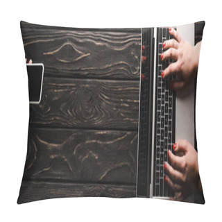 Personality  Panoramic Shot Of Businesswoman Holding Smartphone With Blank Screen Near Coworker Using Laptop, E-commerce Concept Pillow Covers