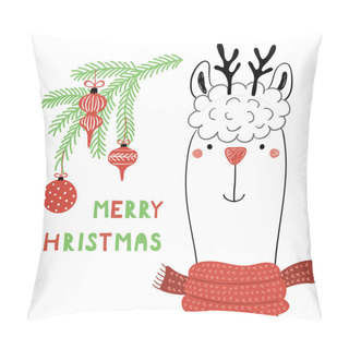 Personality  Hand Drawn Vector Illustration Of A Cute Funny Llama In A Muffler With Deer Antlers And Tree Branch With Text Merry Christmas, Design Concept For Christmas Card Pillow Covers