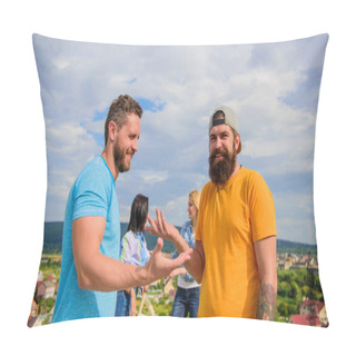 Personality  They Have Topic To Discuss. Communication By Interests. Group Friends Hang Out With Bicycle. Company Stylish Young People Spend Leisure Outdoors Sky Background. Meet Cheerful Friends During Walk Pillow Covers
