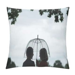 Personality  Two Women Walking Park In Rain And Talk. Friendship And People Communication. Rainy Pillow Covers