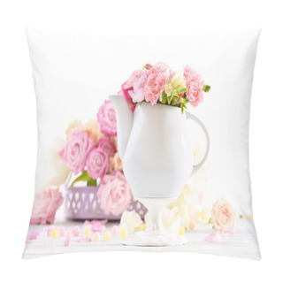 Personality  Composition With Beautiful Spring Flowers In Teapot On Light Pink Background Pillow Covers