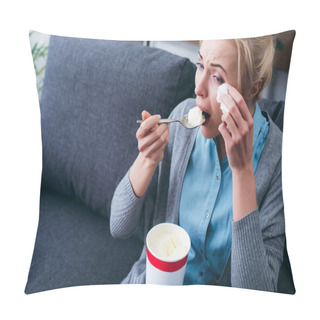Personality  Woman Eating Ice Cream And Crying While Siitng On Couch At Home Alone Pillow Covers