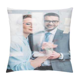 Personality  Happy Businesspeople Drawing Graphs On Glass Presentation Board Pillow Covers