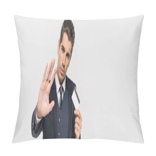 Personality  Successful Businessman In Suit Holding Credit Card And Showing Stop Gesture Isolated On Grey, Banner Pillow Covers