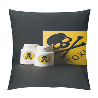 Personality  Jars And Card With Toxic Sign Isolated On Black Pillow Covers