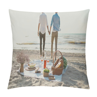 Personality  Gay Couple Walking By Sea Beach, Focus On Picnic Blanket With Wine, Glasses And Food Pillow Covers