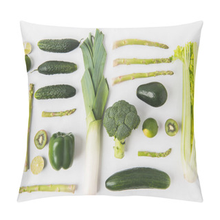 Personality  Eating Healthy Concept With Composition Of Green Vegetables And Fruits Isolated On White Background Pillow Covers
