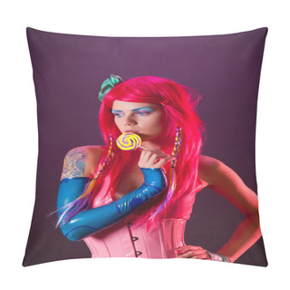 Personality  Bright Girl With Pink Hair Holding Lollipop Pillow Covers