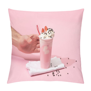Personality  Cropped View Of Male Hand With Disposable Cup Of Milkshake With Chocolate Morsels And Strawberry On Napkins On Pink Pillow Covers
