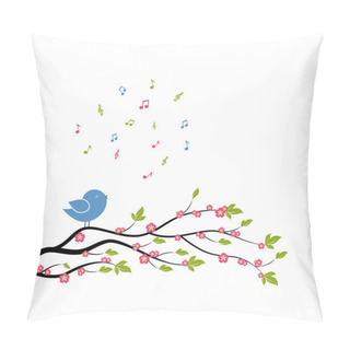 Personality  Spring Bird On Tree Singing Song From The Musical Notes. Pillow Covers