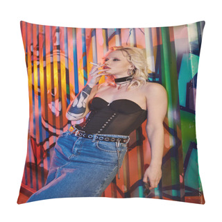 Personality  A Blonde Woman Stands Gracefully Before A Colorful Wall, Contrasting Against The Vibrant Graffiti. Pillow Covers