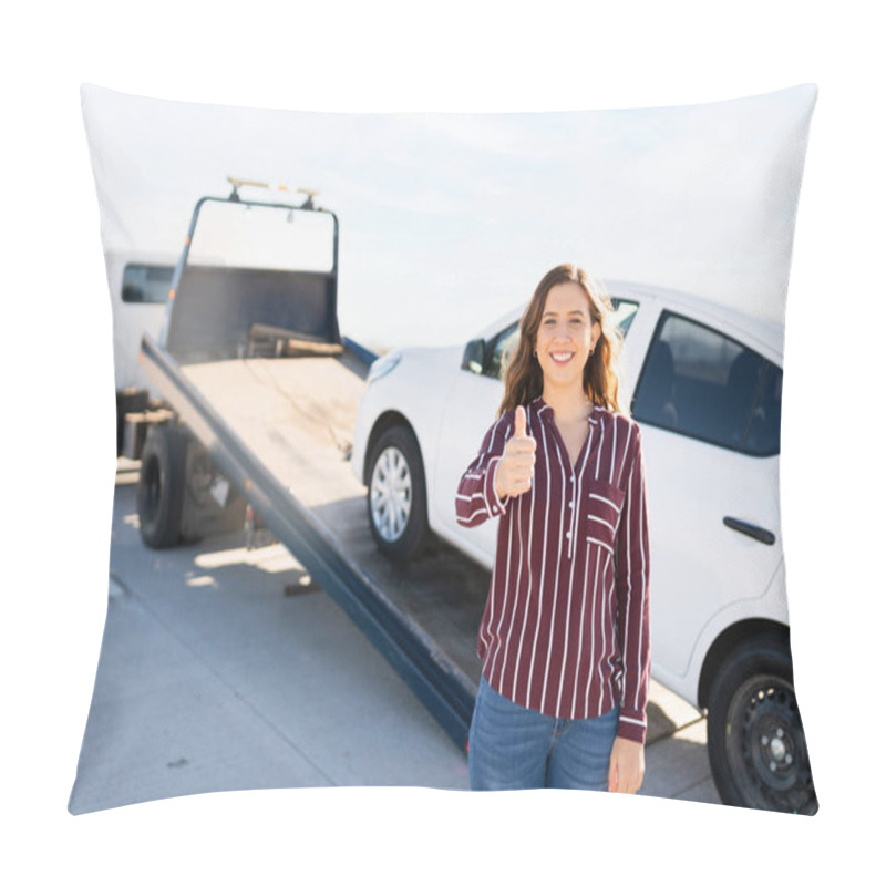 Personality  Caucasian Woman In Her 20s Smiling And Making A Thumbs Up Sign. Young Woman Happy For The Good And Fast Tow Truck Service She Recieved For Her Broke-down Car Pillow Covers