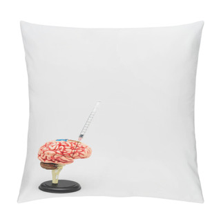 Personality  Syringe In Brain Model On Grey Background With Copy Space, Omicron Variant Concept Pillow Covers
