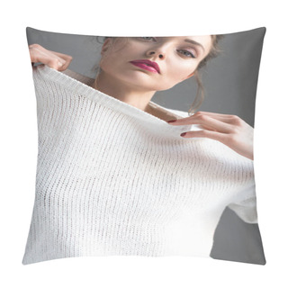 Personality  Seductive Brunette Girl Taking Off White Sweater And Looking At Camera On Grey   Pillow Covers