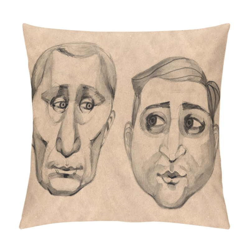 Personality  Kharkiv, Ukraine - April 21, 2019: Portraits of Ukrainian President Vladimir Zelensky and Russian president Vladimir Putin. pillow covers