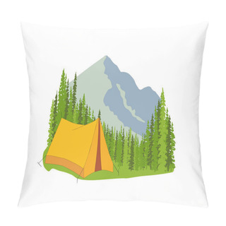 Personality Yellow Tent With Forest And Blue Mountains In The Background, Sun, Clouds. Simple Flat Design Illustration Isolated On Whte Background. Wildlife, Camping In Nature. Pillow Covers