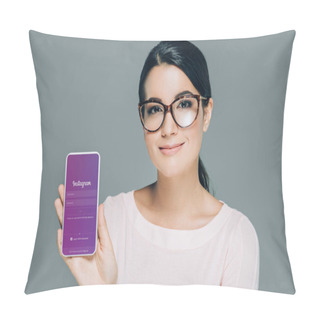 Personality  Portrait Of Smiling Woman In Eyeglasses Showing Smartphone With Instagram App On Screen Isolated On Grey Pillow Covers