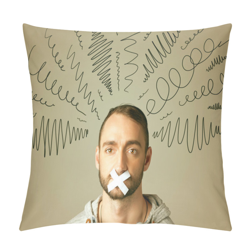 Personality  Young Man With Glued Mouth And Curly Lines Pillow Covers