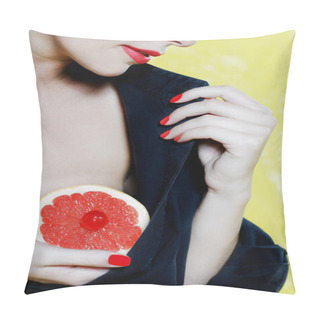 Personality  Beautiful Woman Portrait Showing Grapefruit Breast Pillow Covers