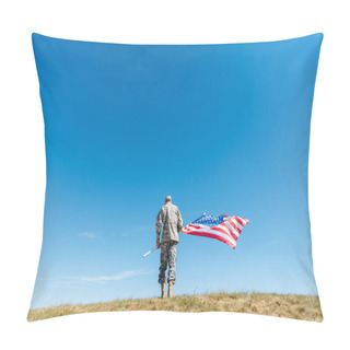 Personality  Back View Of Military Man In Uniform Standing With American Flag With Stars And Stripes  Pillow Covers