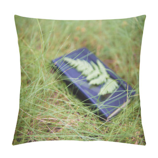 Personality  Daydream Conceptualisation, Dreamy Still Life With Out-of-focus Black Notebook Lying In Grass, Fern Leaf Attached Pillow Covers