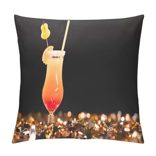 Personality  Sweet Cocktail With Straw On Golden Confetti On Black With Copy Space Pillow Covers