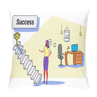 Personality  Businesswoman Climbing Stairs Career Ladder Up To Golden Winner Trophy Cup Businesswoman Successful Strategy Leadership Concept Office Interior Colorful Sketch Horizontal Pillow Covers