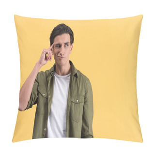 Personality  Skeptical Brunette Young Man Thinking Isolated On Yellow Pillow Covers