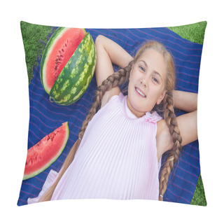 Personality  Cute Little Girl Eating Watermelon On The Grass In Summer Time. With Ponytail Long Hair And Toothy Smile Sitting On Grass And Enjoying. Pillow Covers