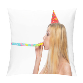 Personality  Profile Portrait Of Teenage Girl In Cap Blowing In Party Horn Blower Pillow Covers