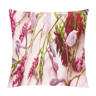 Personality  Panoramic Shot Of Fresh Wildflowers On Pink Background Pillow Covers