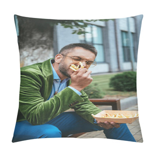 Personality  Portrait Of Man In Green Velvet Jacket Eating French Fries While Sitting On Bench On Street Pillow Covers