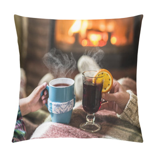 Personality  Warming And Relaxing Near Fireplace. Woman Feet Near The Cup Of Hot Drink In Front Of Fire.   Pillow Covers